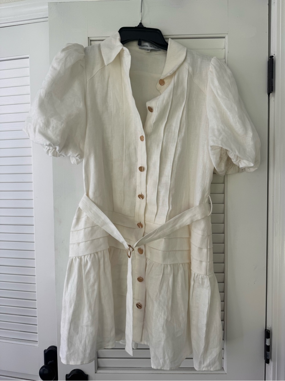 Karina Grimaldi Women's White Button-Front Puff Sleeve Dress with Waist Tie